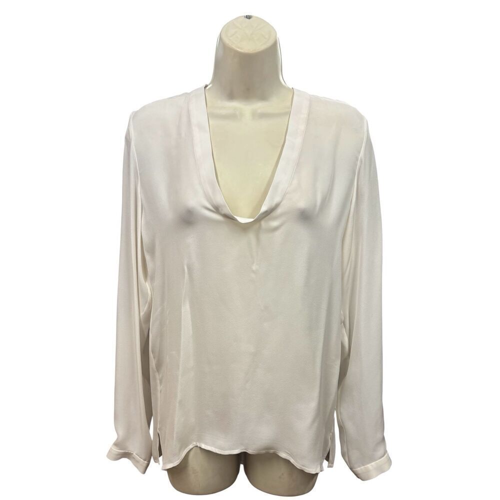 JI OH Long Sleeve Liw V Neck Silk Blouse in White NWT Size 4